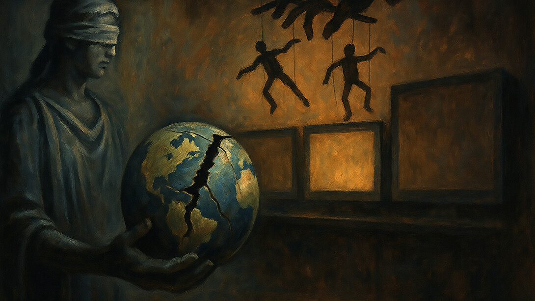 An allegorical painting of censorship and power: a cracked globe held in shadow, puppet strings above, and empty glowing screens reflecting how manipulation shapes what the world sees—and what it never hears