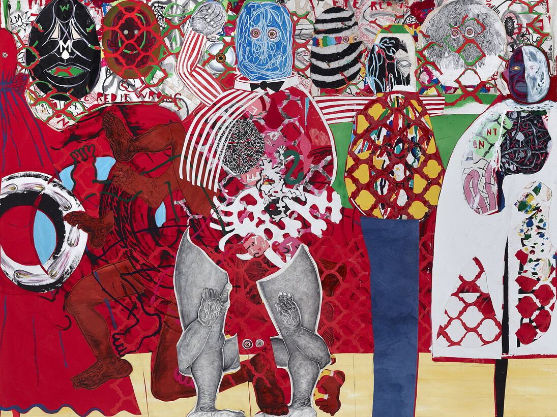 Trenton Doyle Hancock, I Want to Be at the Meeting After the Separation, 2014, acrylic and mixed media on canvas, 228.6 x 274.3 x 8.2 cm, Image courtesy of Hales Gallery, London. Copyright Trenton Doyle Hancock