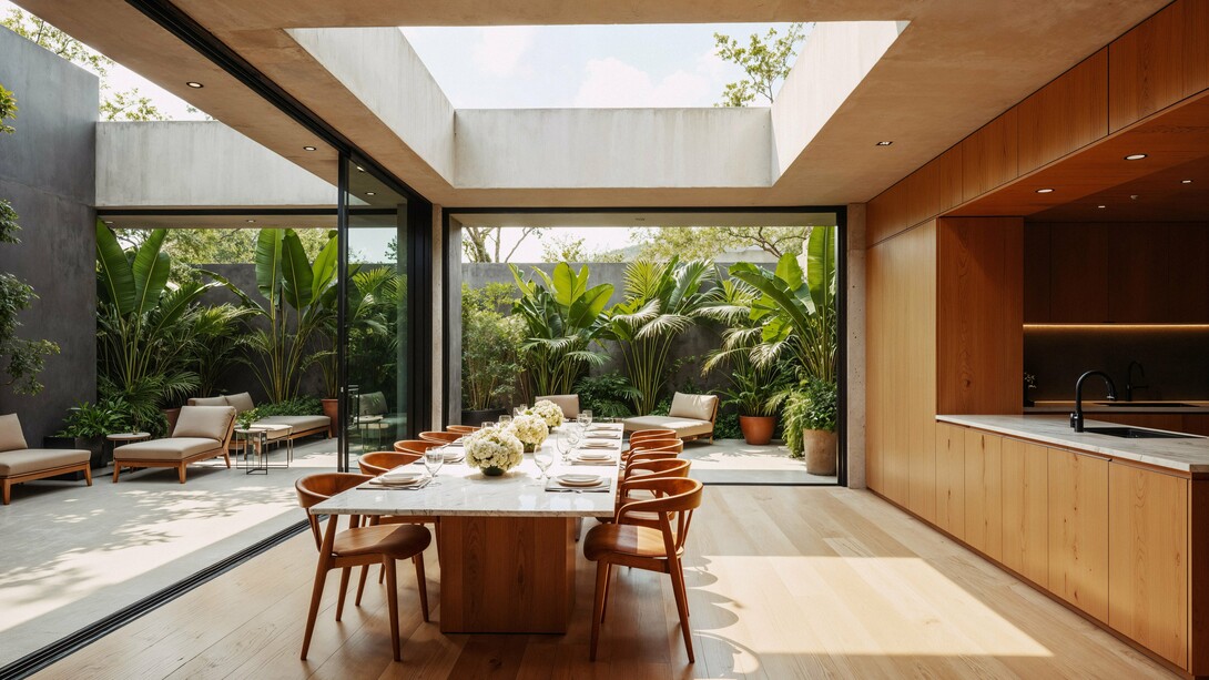A modern home designed around light, openness and greenery, representing the balance between comfort and nature