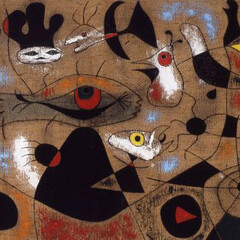 Joan Miró
(Spanish, 1893–1983)
A Drop of Dew Falling from the Wing of a Bird Awakens Rosalie Asleep in the Shade of a Cobweb, 1939
Oil on basketweave fabric, Image: 25 3/4 x 36 1/8 in.; Frame: 39 1/2 x 29 in.
Purchase, Mark Ranney Memorial Fund, 1948.3
