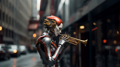 A high-tech robot droid skillfully plays a trumpet, merging futuristic innovation with traditional music