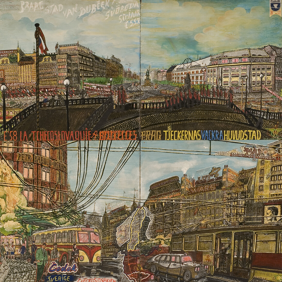 Willem van Genk, Untitled (Praha, Stad van Dubček or Prague, City of Dubček), The Hague, Netherlands
c. 1970, Mixed media on assembled millboards, Unframed: 48 x 48 inches (122 x 122 cm), Framed: 51 ¾ x 51 ¾ x 1 ½ inches (131,5 x 131,5 x 3,5 cm). Collection Foundation Willem van Genk, Museum Dr. Guislain, Ghent, 210302107. Photo: Guido Suykens, Ghent