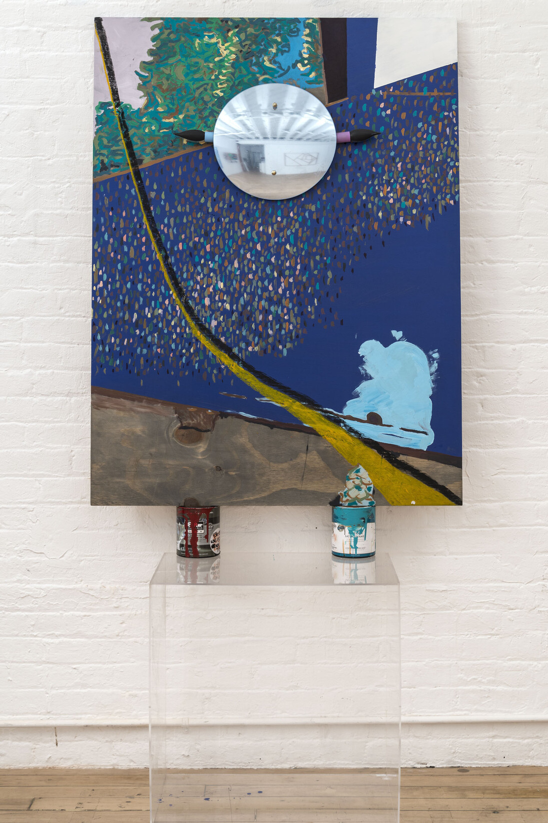 Kevin Mack, Coshocton, 2013, Plywood, acrylic, convex mirror, stain, oil, pastel, light bulbs, latex paint cans, acrylic box, 74.75” x 36” x 17.25” (overall) 