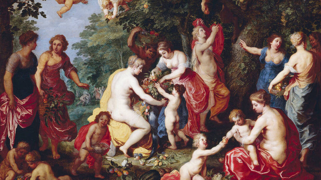 Hendrick van Balen el Viejo (1573-1632) y Jan Brueghel el Joven (1601-1678). Ninfas y niños bajo árboles frutales (Las náyades llenan la cornucopia)