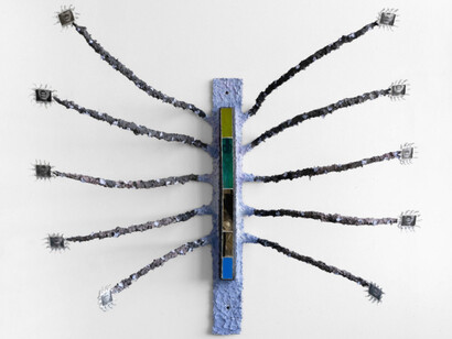 Estefania Puerta, Like a thorn piercing through a tough skin that doesn’t know if it is open or broken, 2023, Steel, plaster pulp, acrylic, stained glass, mixed organic media, photographs, aluminum leaf, 36x33x8 inches. Courtesy the artist and Micki Meng, NYC