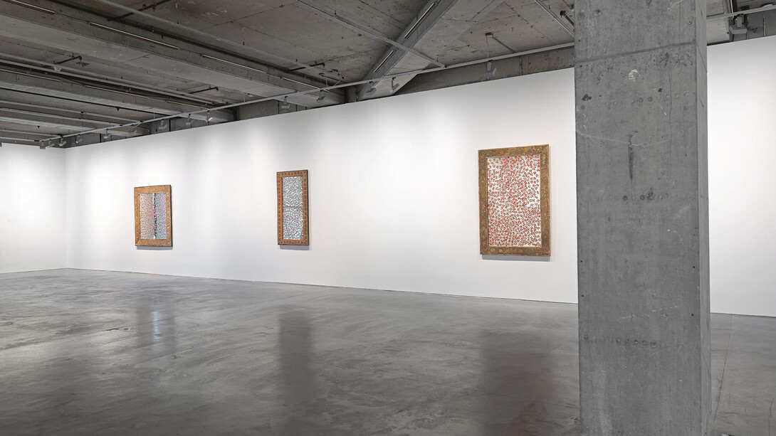 Five icons framed in edirne-style wooden ornamentation, exhibition view. Courtesy of Dirimart