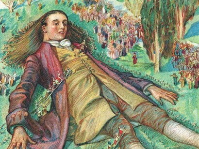 Gulliver lying flat on his back as the inhabitants of Lilliput climb on his chest to prod and poke him
