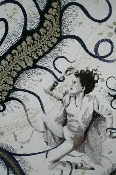 Vania Elettra Tam, Rhodiola Rosea in trilobite paisley blu, 2013. Tecnica mista su carta, 50x35 cm.   
