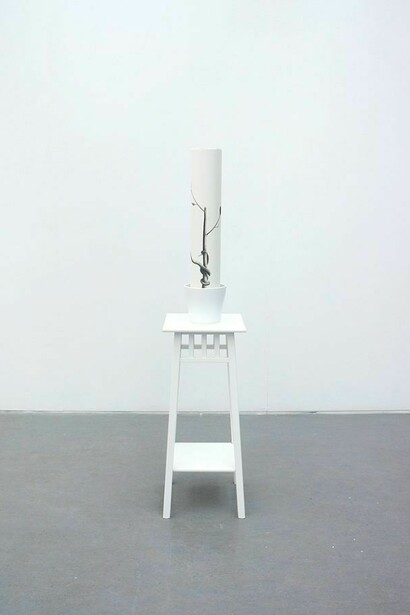 Sarah Woodfine, How to grow an apple tree, 2014, plant stand, plant pot, pencil on Saunders Waterford paper, 150 x 32 x 32 cm