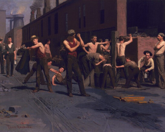 Thomas Pollock Anshutz, 'The Ironworkers' Noontime', 1880. Oil on canvas, 17 x 23 7/8 in. (43.2 x 60.6 cm). Gift of Mr. and Mrs. John D. Rockefeller 3rd