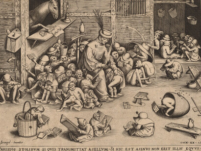 The inscription says, in essence, you can send an ass to school but it will not come back a horse.Pieter van der Heyden, after Pieter Bruegel the Elder, The Ass at School, 1557, engraving, Gift of Mrs. Jane C. Carey as an addition to the Addie Burr Clark Memorial Collection, 1958