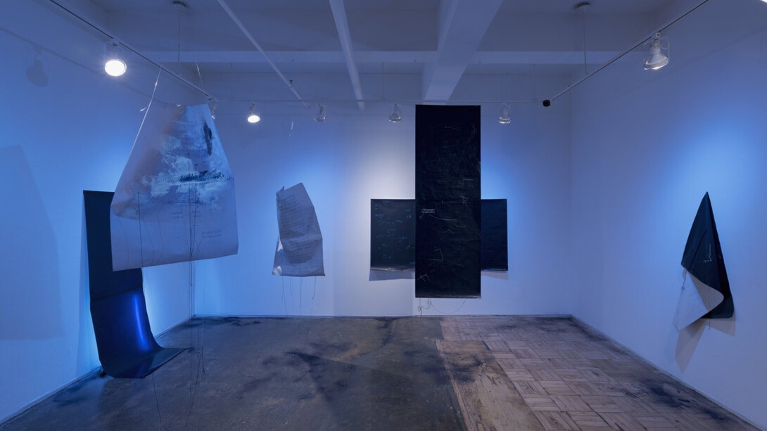 Keli Safia Maksud, old blues new bruises, 2023, exhibition view,  A.I.R. Gallery, Brooklyn, NY, photo by Sebastian Bach. Courtesy of the artist and A.I.R. Gallery