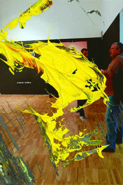 Jacqueline de Jong, Sleeping potato’s “en famille”, 2017.
Digital print, oil stick and nepheline gel on canvas,  87 x 62cm
Courtesy of the artist and Dürst Britt & Mayhew, The Hague.