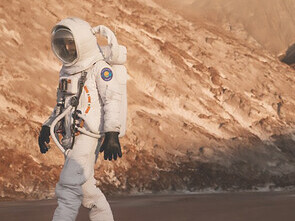 Astronaut signaling his position on an alien world during a space expedition