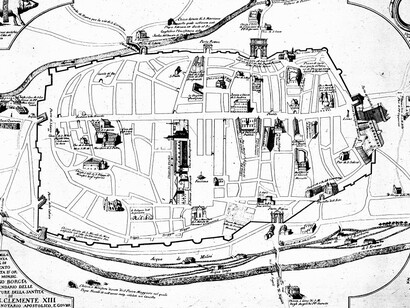 Pianta della pontificia città di Benevento, di Liborio Pizzella, (1763). Le immagini della città sono molte e in tutte la cinta muraria, per questo è importante che vengano conservate e valorizzate rappresentano l’identità storica di una città ricca di storia