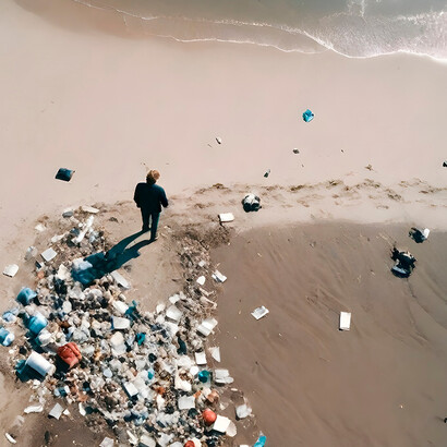 Homem olhando para o mar, cercado de lixo
A exposição a microplásticos é inevitável