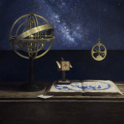 Guillermo Muñoz Vera, Celestial Navigation, 2011, oil on canvas mounted on panel, 35 1/2 x 35 1/2 inches