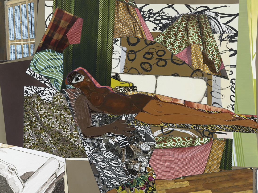 Mickalene Thomas, Marie Femme Noire Nue Couchée 2, 2014, Strass, acrylique, huile et email sur panneau de bois, 243,84 x 304,8 x 5,1 cm (96 x 120 x 2 in.), Courtesy Galerie Nathalie Obadia, Paris/Bruxelles