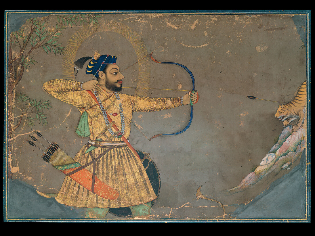 Sultan ‘Ali ‘Adil Shah II Slays a Tiger Attributed to the Bombay Painter (probably Abdul Hamid Naqqash) Bijapur, ca. 1660, Ink, opaque watercolor, gold, and probably lapis-lazuli pigment on paper, 8½ × 12⅜ in. (21.5 × 31.5 cm), The Ashmolean Museum, Oxford. Lent by Howard Hodgkin.