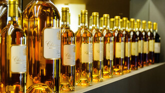 A row of wine bottles arranged neatly side by side
