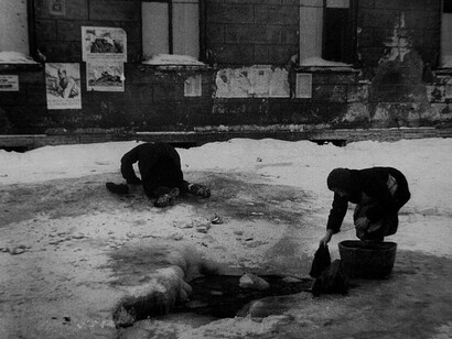 Women washing clothes on the streets of Leningrad during the harsh winter of the siege, Soviet Union