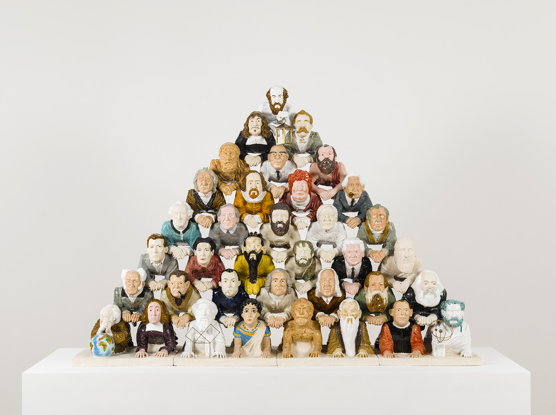 Philosophers forming a human pyramid	, 2014, Glazed ceramic, bronze, copper 120 x 160 x 40 cm

