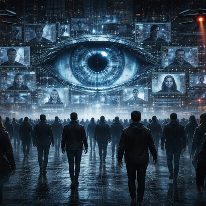 An all-seeing system watches silently as individuals move beneath it, reduced to data points in a city shaped by surveillance and control