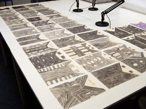 The children’s drawings from Gorotire laid out for research in the Pitt Rivers Museum research area, 2017. Photo: Chris Morton © Pitt Rivers Museum, University of Oxford.