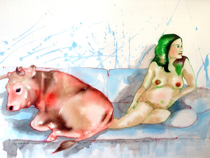 Demi Kaia, They are both expecting but the cow is not expecting a baby, ink & pencil on paper, 67 x 82 cm