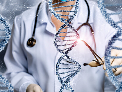 A doctor gently presents DNA molecules in his hands, illustrated