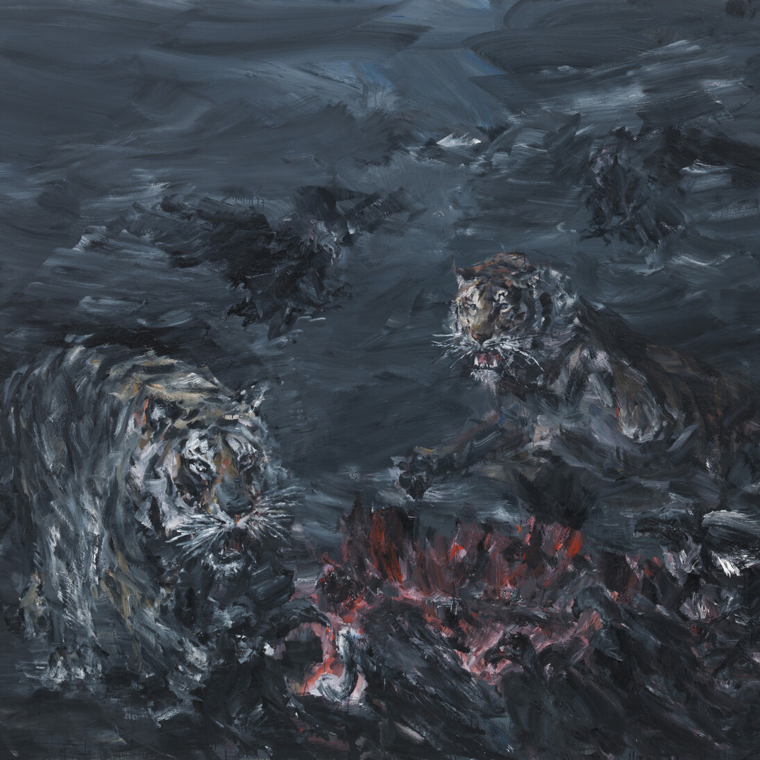 Yan Pei-Ming, Tigres et vautours, 2015, Oil on canvas, 250 x 300 cm (98,43 x 118,11 in), Courtesy Yan Pei-Ming / Galerie Thaddaeus Ropac, Paris/Salzburg, Photo: André Morin © Bildrecht, Wien, 2015