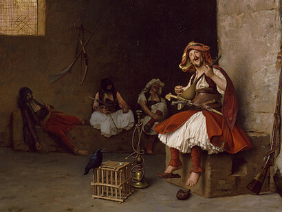 Jean-Léon Gérôme's "An Albanian Soldier (Arnaut)" vividly captures an intimate moment of Eastern life. The painting features an Albanian soldier, known as an Arnaut, seated beside his hookah, playing the oud, a stringed instrument, with a pet raven perched on its cage. The sound of the raven’s cawing adds to the atmosphere of the scene