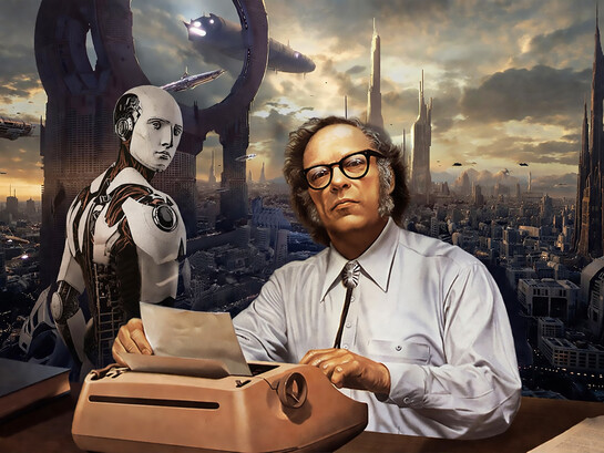 Isaac Asimov sits at his typewriter as a humanoid robot looms behind him, embodying the uneasy boundary between human imagination and the autonomous future he once envisioned