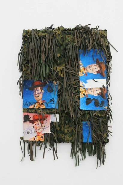 Renaud Jerez, Final Fantasy, 2012, Transfered inkjet prints, acrylic, ball-point pen on ghillie suit. 80 x 60 x 10 cm