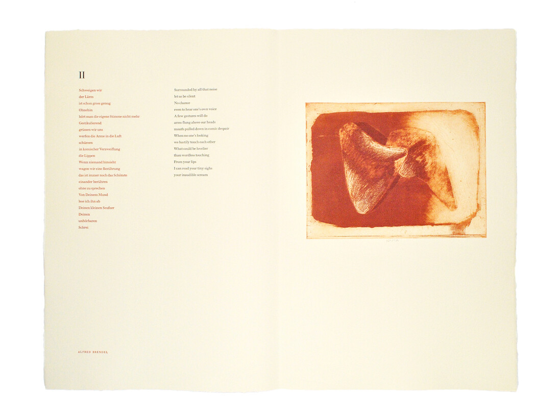 Drawing the Bow 2011, Hand coloured etchings by George Nama, Poems by Alfred Brendel, Edition of 20 on Arches Vellum paper, Etchings signed by the artist, portfolio signed by the poet
