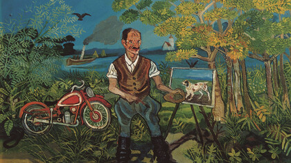 Autoritratto con moto, cavalletto e paesaggio, s.d. (1953-1954), olio su tavola di faesite, 63,8x 104 cm. Collezione privata
