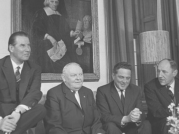 Chancellor Ludwig Erhard's visit to the Catshuis in Holland in 1964 included meetings with Schroder, Marijnen, and Luns 