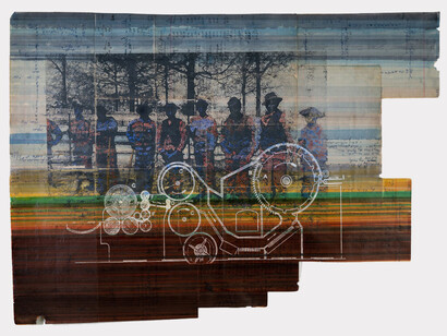 Rodney Ewing, Faded, 2022.
Hand-colored silkscreen on ledger paper,
29 1/4 x 38 3/4 inches. Courtesy of the artist and Rena Bransten Gallery