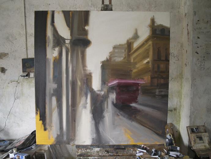 Tim Parry, The Bus, 100 cm x 100 cm, oil on Belgian linen canvas