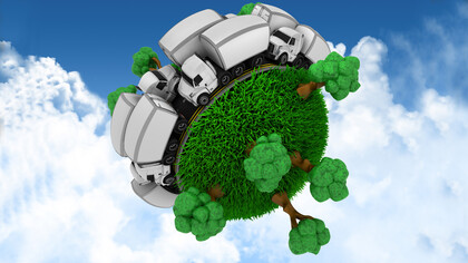 Explore the concept of eco-friendly travel with a 3D grassy globe adorned with trucks and trees, illustrating a sustainable transportation landscape in this visually compelling image