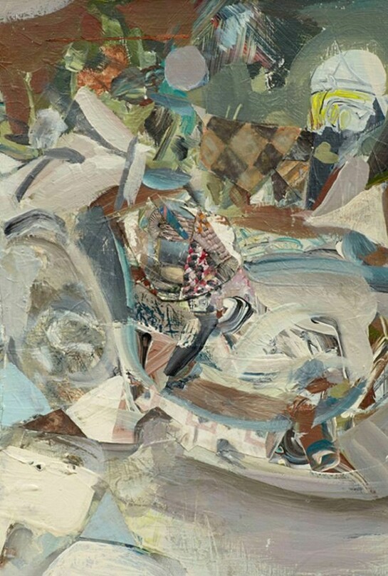 Katy Moran, Two Faced Cat, 2013, acrylic and collage on board, 54.4 x 44.4 cm, 21 3/8 x 17 1/2 ins, Courtesy Stuart Shave/Modern Art, London