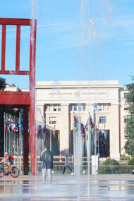 The chair that stands on the Place des Nations across the UN gate symbolizing humanity’s opposition to the use of indiscriminate weapons 