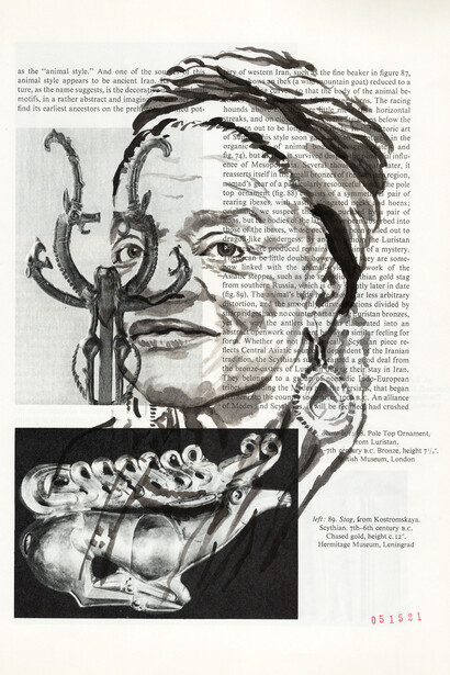 Coral Woodbury, Faith Ringgold, 2020, sumi ink on book page, 11.5x8.75 inches, courtesy of HackelBury Fine Art