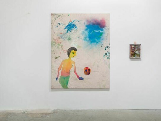 Max Brand, Untitled, 2013, Oil, acrylic, aerosol lacquer, marker, chalk, fineliner on fabric, 180 x 140 cm, 70 7/8 x 55 1/8 ins. And Max Brand, Untitled, 2013, Paperwork collage in artist frame, 32 x 24 cm, 12 5/8 x 9 1/2 ins, Courtesy Vilma Gold, London. Photo: Lewis Ronald