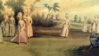 Cricket match painted by Elizabeth, Lady Tanfield, featuring the Countess of Derby and other ladies, 1779