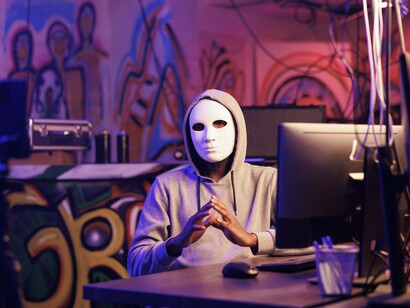 A hooded user concealed behind a blank mask, symbolizing the anonymity that often enables digital fraud