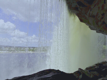 Salto El Sapo waterfall, a path you can walk behind it, Venezuela