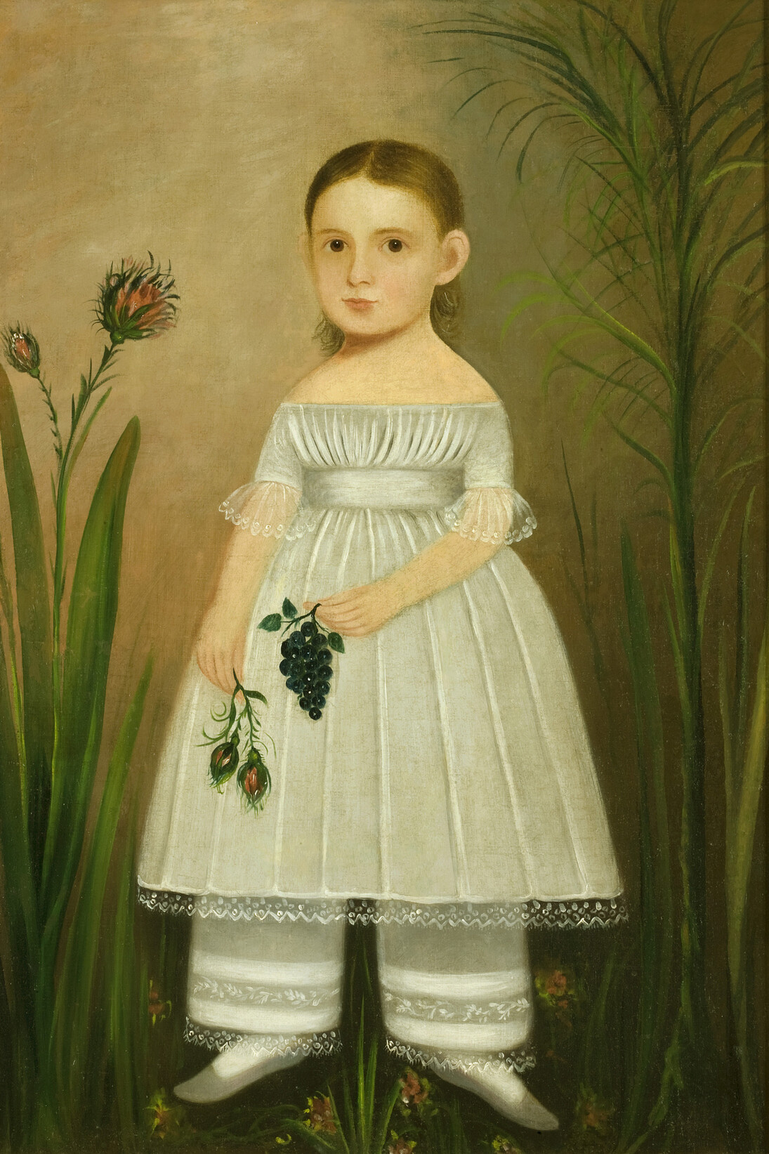 Girl in Garden, United States, c. 1840, Oil on canvas, 39 7/8 x 27 1/4", Colonial Williamsburg Foundation, Gift of Abby Aldrich Rockefeller, 1939.100.2 Ex coll. Juliana Force, Abby Aldrich Rockefeller 
