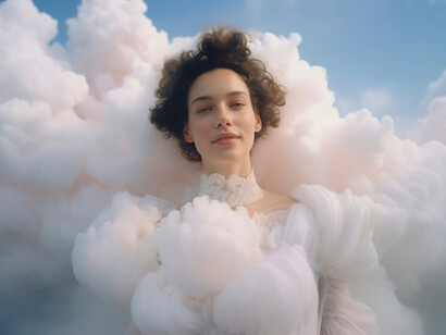 A dreamy scene of a woman floating in the sky, surrounded by clouds, evoking the concept of AI-inspired dreams