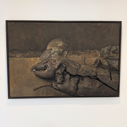 Lucio Muñoz Caída del Pecún (Fall of the Pecun) (1976/1977). The piece is a mixed-media work on panel and is known for its highly textured, sculptural, and expressive style. Oil, material, and wood on panel 203 x 153.7 x 4 cm. The work is an abstract, mixed-media relief that incorporates organic and fragmented forms, often associated with post-war modern art and Spanish abstract expressionism. Image ©MACA/the Author 2026